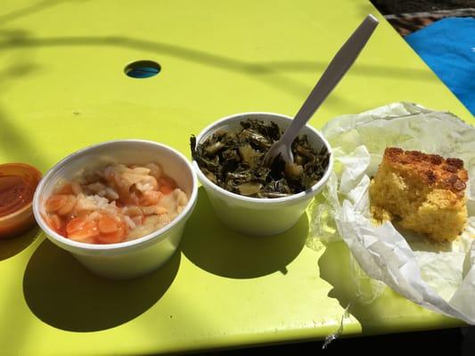 A side of half rice and half lima beans, collards, and corn bread. All vegetarian, excellent, and under $6 total!
