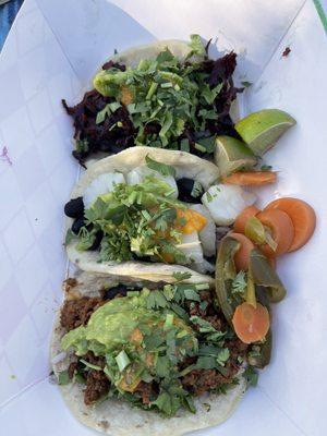 Vegan chorizo, yucca, and hibiscus tacos