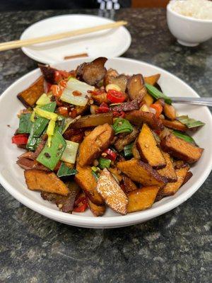 Dry Bean Curd with Smoked Bacon! Almost always have this dish whenever I visit.