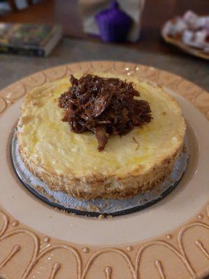 Blue Cheese Cheesecake topped with BBQ Pulled Pork