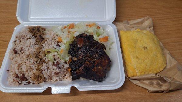 Jerked chicken (small) with steamed veggies, rice and peas, and beef patty - about $12