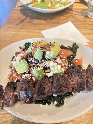 Golden and red beet salad w goat cheese and kale and steak as my added protein