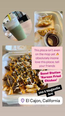 Bulgogi fries, dumplings, matcha tea boba