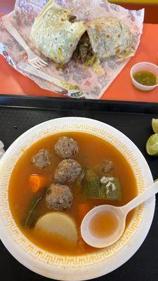 Albóndigas soup, el loco taco Carne Asada