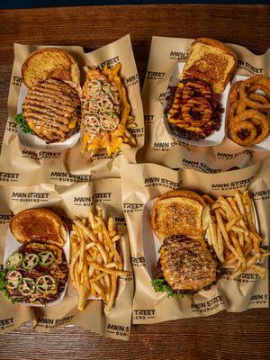 The Single, Double, Main, and Western Burgers.