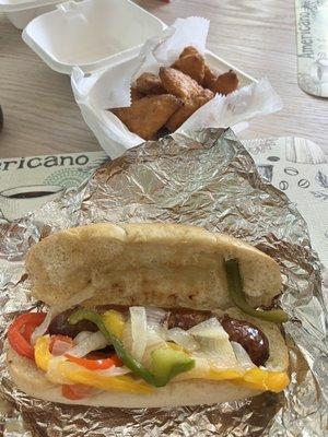 Italian Sausage w/peppers & onions, also fries Mac cheese squares- delicious.