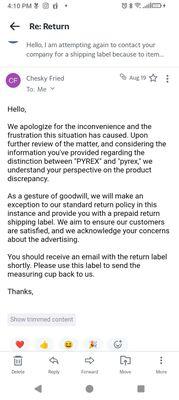 This is the email when they conceded the differences and were supposed to issue my label as a show of good will.