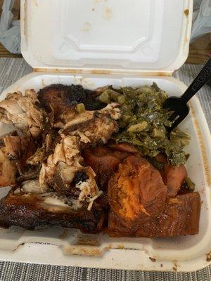 Jerk chicken, candied yams, collard greens