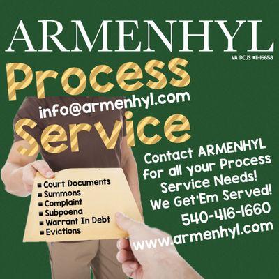 ARMENHYL offers Process Service in Culpeper, Madison, Warrenton, Manassas, Lake of the Woods, Spotsylvania & Fredericksburg, Virginia!