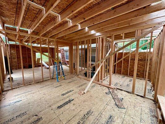 Interior framing of a custom home addition project by Merman Construction Inc in Montgomery County.