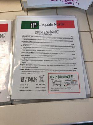 Panini/sandwich menu