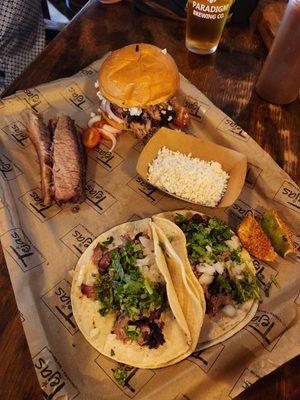 Brisket tacos and bbq+ blue sandwich