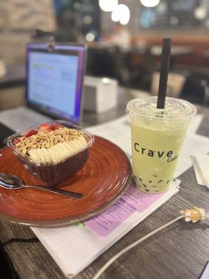Green Tea Boba & Basic Açaí Bowl for the study sesh