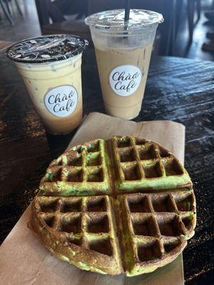 Left: Hanoi egg coffee Right: Saigon latte, pandan waffle