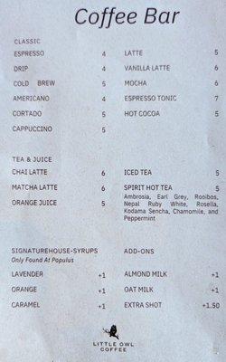Standard Drink Menu
