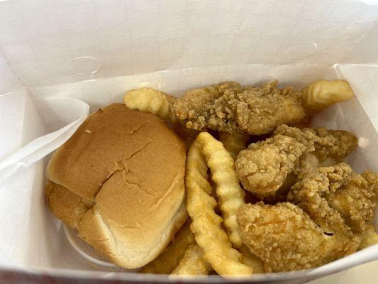 Three tender snack -- tenders, fries, roll, and sauce.  More fries than the photo makes it look like!  Affordable, quick lunch.