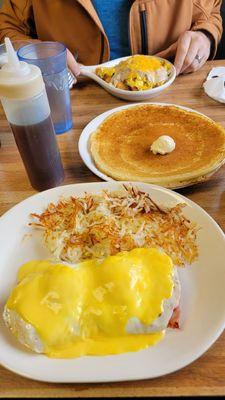 Eggs Benedict, Tator Tot Scramble, Pancake, Coffee