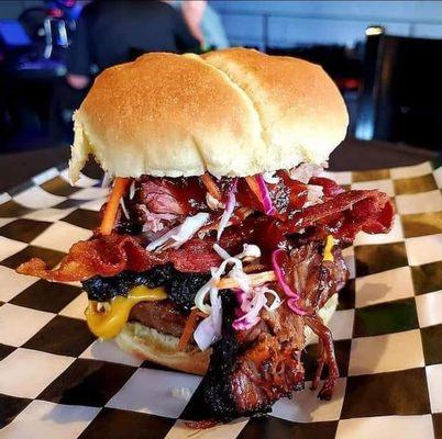 The Alfred- Burger with slaw, pulled pork, brisket, and bacon!!! I'm not usually a burger gal, but how could I resist?!