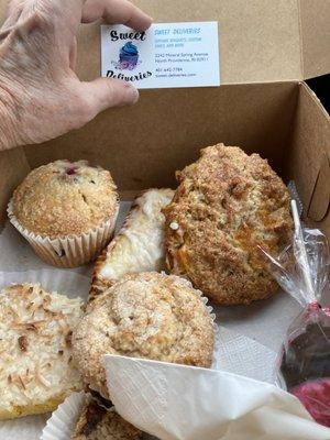 Lemon coconut Square,blueberry and Apple muffin, trial fig square, Cherry turnover and a peach scone. So far everything is fantastic