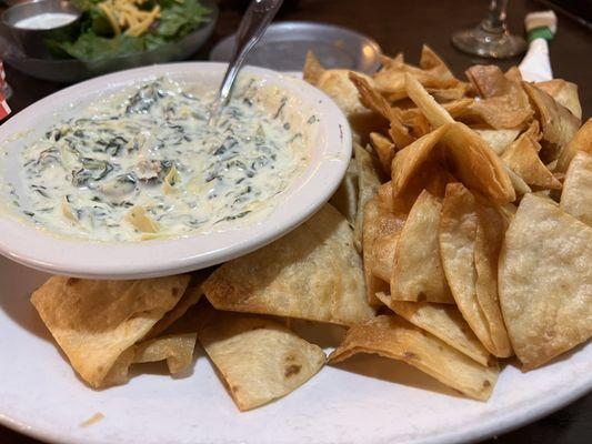 Spinach artichoke dip. Fried flour, tortilla chips, fried fresh to order. Very tasty!