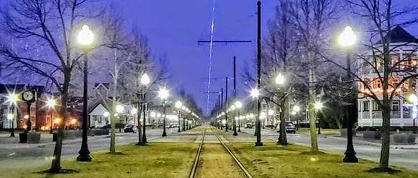 The 56th Street boulevard at twilight.