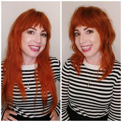 Before and after shag haircut transformation on Alexis!