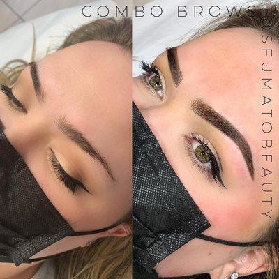 Before and after of machine combo brows -- a mix of both nano strokes and ombré shading
