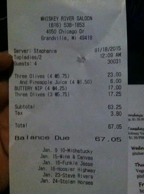 $4.25 buttery nipple....2 tablespoon sized shot. Pathetic. And this is NOT my receipt!! LOL