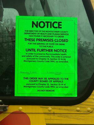 SHUT DOWN BY HEALTH DEPARTMENT.