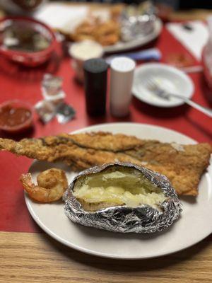 Fried trout, baked potato and a (swiped) fried shrimp