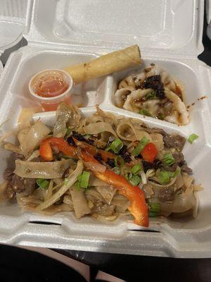 Beef chow fun, Chinese style dumplings, and a lumpia