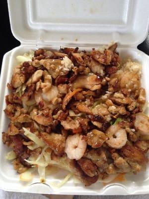 Shrimp and Chicken Teriyaki with extra sauce and extra vegetables