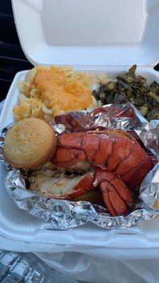 The sautéed lobster tail plate with two sides Mac and cheese and collard greens