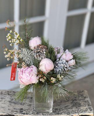 Pink Peonies & Pinecone Winter Elegance Cube Vase Arrangement! Available at Orchids Little Secret Boutique!