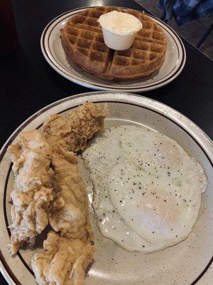 Chicken and waffle with 2 eggs over-easy
