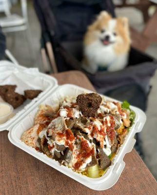 Combo Plate w/ gyro + chicken shawarma ($18.25) + Falafels Hearts (4 pc - $3.99)