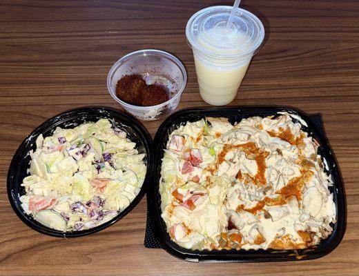 Chicken & Lamb plater (right), salad (left), falafel (top left), and the Lemonade.