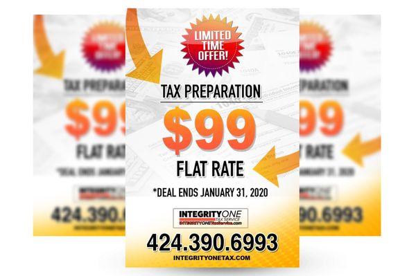 Early bird special. Get your personal income taxes prepared before Jan 31st for only $99