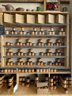Spice shelves in the store.
