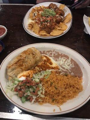 Nachos with pork and steak chimichanga