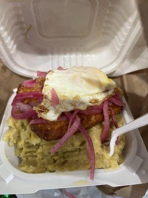 Mangu, egg, salami, cheese