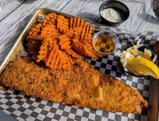 Panko-breaded fish fry with sweet potato fries