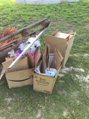 this is considered bulky pick up . $5 per box . Whats inside the boxes? half a pinata , empty egg cartons and other broken down amazon boxes