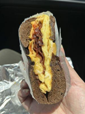 Bacon, Egg and Cheese in a Pumpernickel bagel
