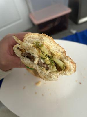 Cheeseburger Sub  I had to add cheese and grill the onions at home.