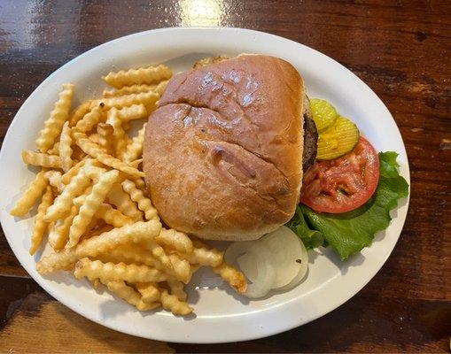 Hamburger and fries meal.