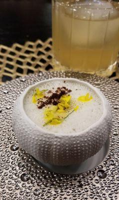 Sea urchin with celery and espresso in almond foam