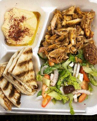Chicken shawarma with Greek salad
(Greek salad, hummus, and pita bread)