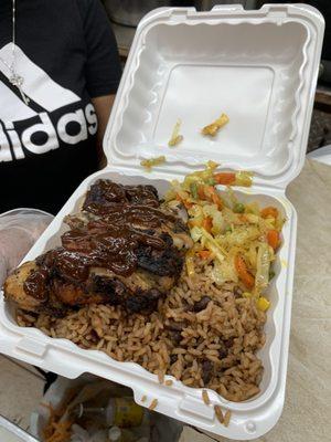 Jerk chicken with rice & peas and sautéed veggies