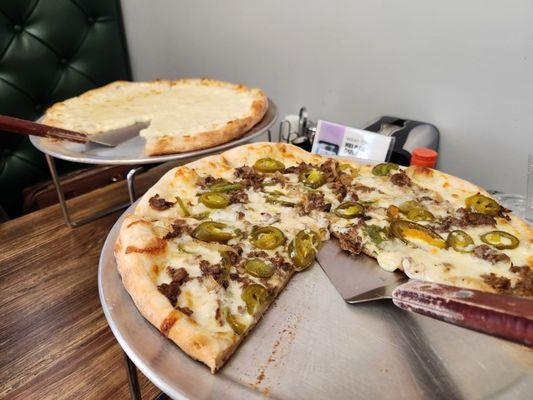 White pizza (sans broccoli), and the steak and cheese!